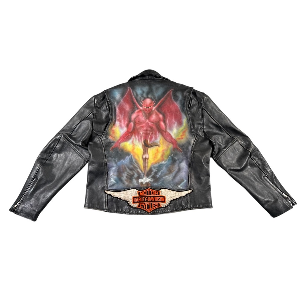 Vintage Open Road Leather Jacket Mens 46 Black Harley Patch Custom Painted Devil